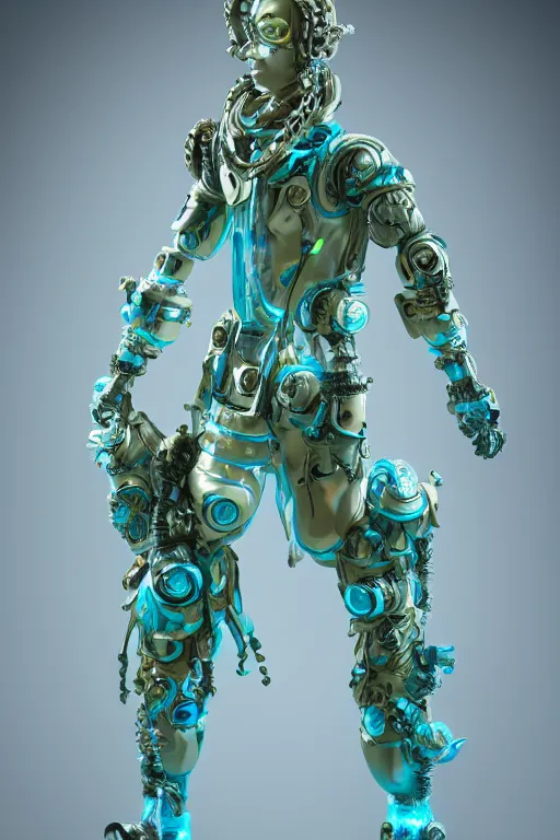 Prompt: full-body rococo and cyberpunk style translucent porcelain sculpture of a young handsome seductive Peruvian android prince reaching for his pocket, glowing blue laser eyes, crown of glass gears and diamonds, swirling green-colored silk fabric. futuristic elements. full-length view. intricate artwork by caravaggio. Trending on artstation, octane render, cinematic lighting from the right, hyper realism, octane render, 8k, depth of field, 3D