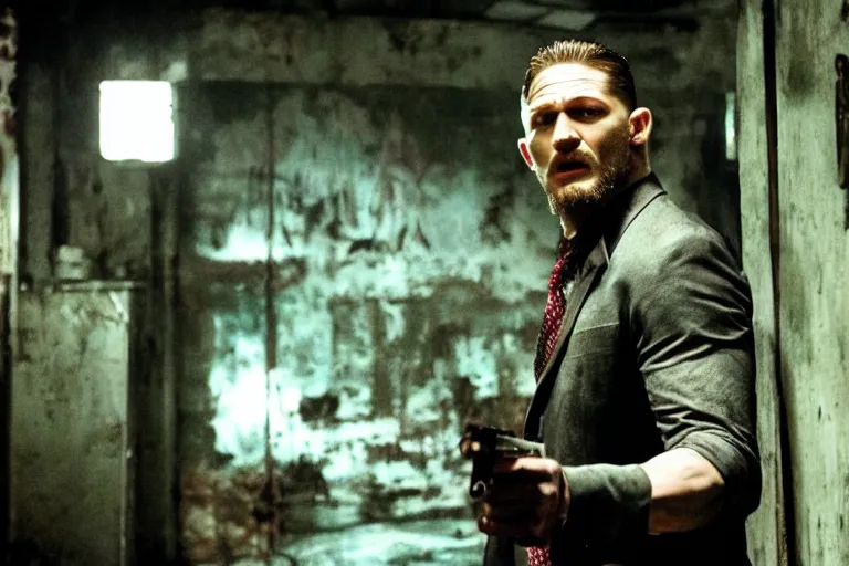 Image similar to film still of Tom Hardy as Max Payne in a creepy funhouse in the Max Payne movie, 4k