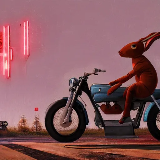 Image similar to bunny wearing a leather jacket riding a motorbike by simon - stalenhag!!!, ultra detailed, 8 k resolution, rule of thirds, dynamic pose, action pose, beautiful landscape