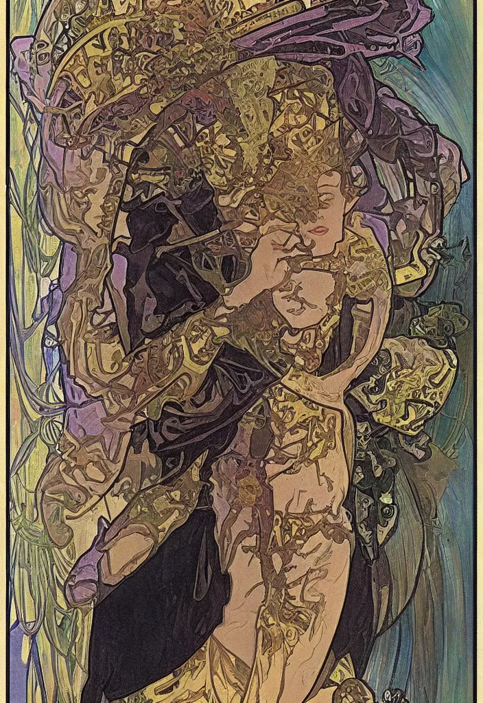Image similar to Jürgen Schmidhuber as the Devil on a tarot card, tarot major arcana in art style by Alphonse Mucha