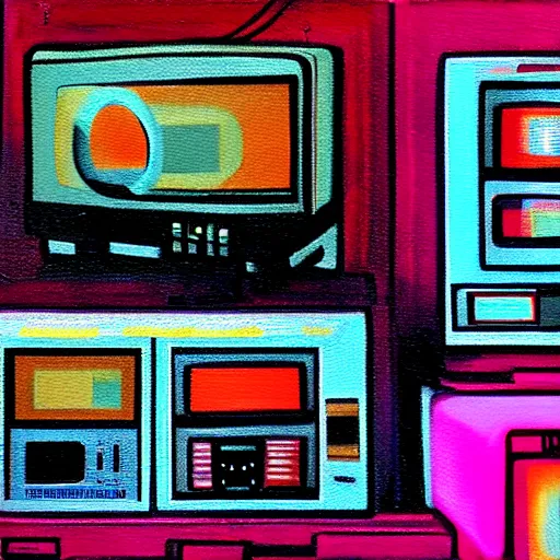 Image similar to array of crt televisions made out of fur, tv static, antenna, stacked, polaroid, steroids, adult video store, impressionist painting, painting, acrylic painting, cell shaded