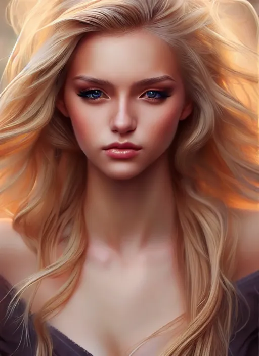 Image similar to a gorgeous female with long blonde hair in the style of stefan kostic, realistic, full body shot, wide angle, sharp focus, 8 k high definition, insanely detailed, intricate, elegant, art by stanley lau and artgerm, floating embers