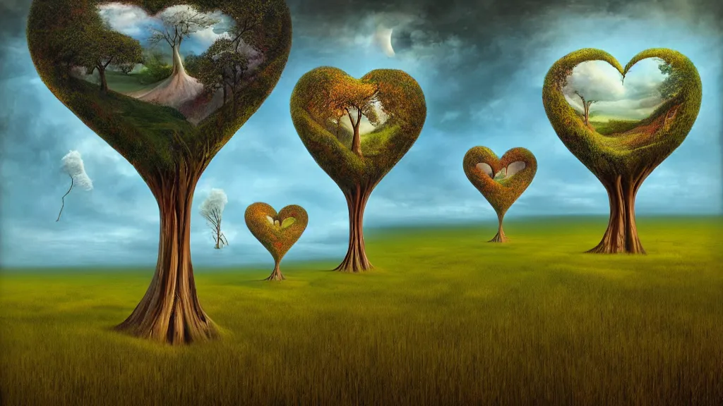 Image similar to surreal landscape, surrealism, fibonacci, heart shaped trees, symmetrical, esao andrews, victor enrich, dali