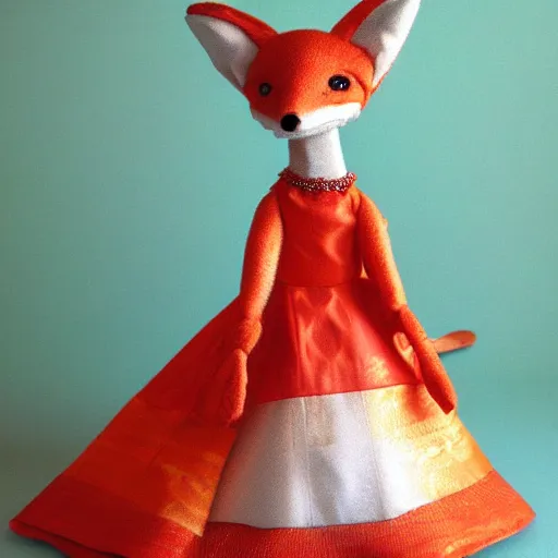 Prompt: a saturated view of a toy fox wearing a beautiful dress, highly detailed, exquisite, fabulous