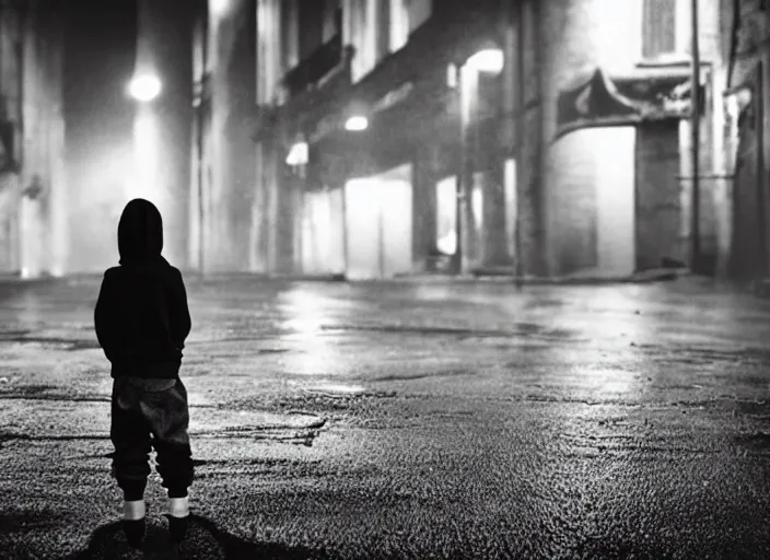 Prompt: boy from the back with a black hoodie and from the background an angel stares at him, empty city street at night, heavy rain, cars parked, dramatic lighting, cinematic, establishing shot, extremly high detail, photorealistic, cinematic lighting, epic fight scene, post processed