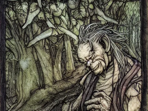 Prompt: troll in a forest by arthur rackham and by Tony DiTerlizzi and by brian froud