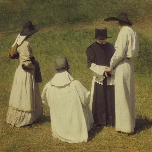 Image similar to a puritan priest preaching to some people in a field, 1 8 9 0 s, by francis davis millet