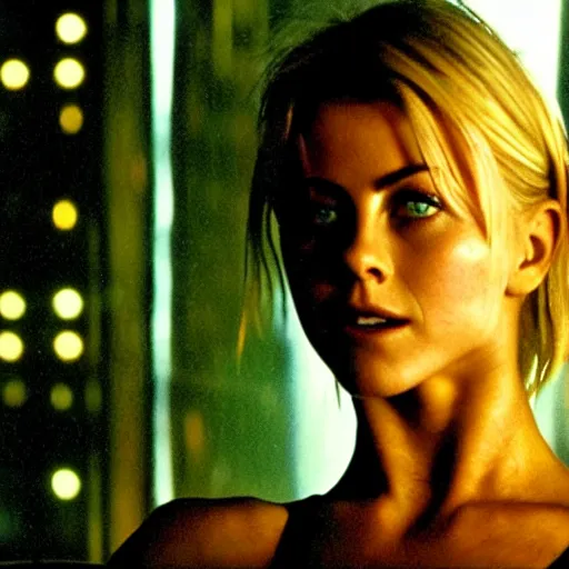 Prompt: julianne hough photograph by ridley scott, wet hair, sexy black shorts, wearing black boots, wearing a sexy cropped top, 4 k quality, blade runner, highly detailed, realistic, intense, cyberpunk