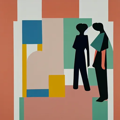 Image similar to A painting of 3 people in a room, abstract painting in the style of Sophie Taeuber-Arp and Gary Hume and Tatsuro Kiuchi, flat colour-block style, geometric abstraction, earthy light pastel colours