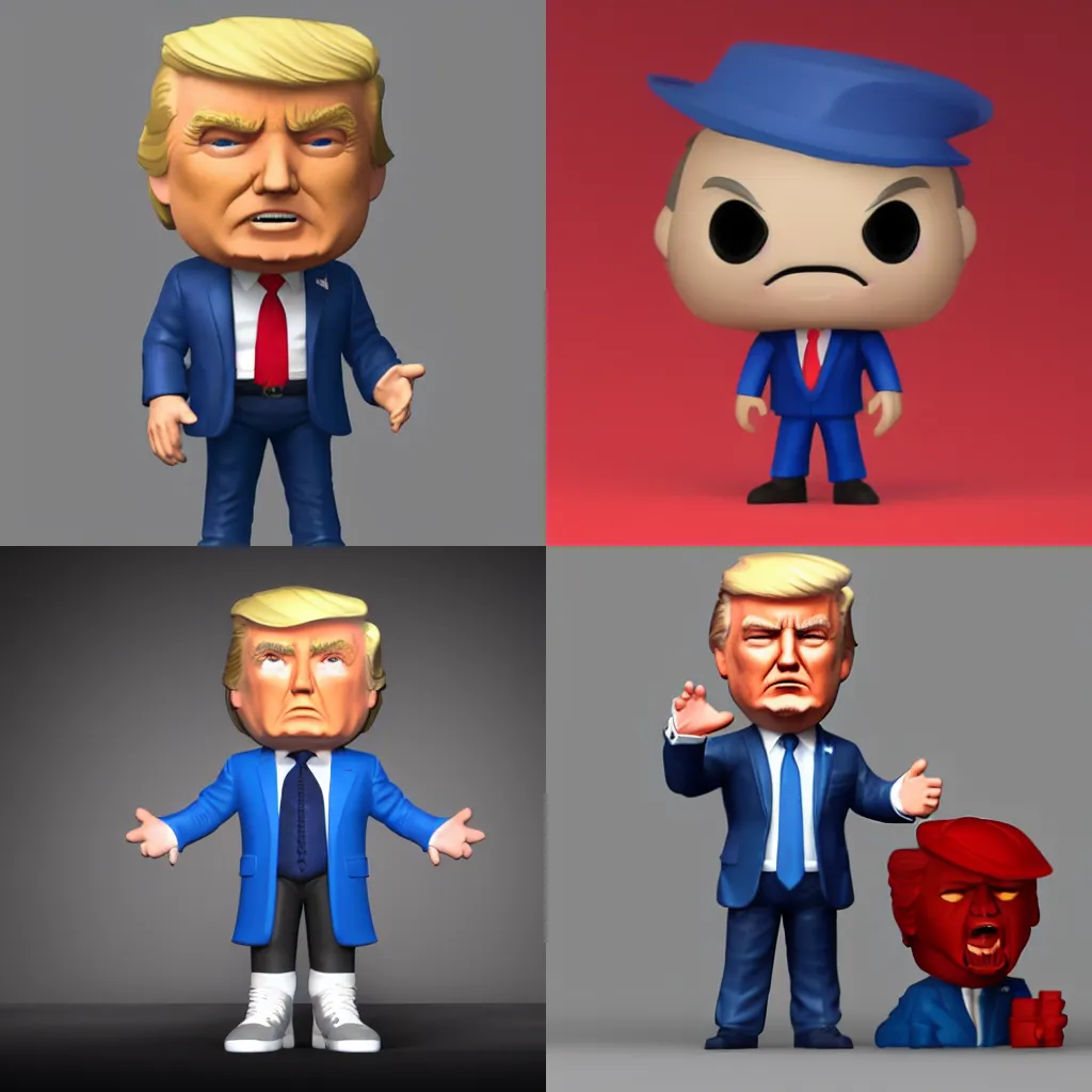 Prompt: full body 3d render of donald trump as a funko pop!, studio lighting, grey background, blue suit, single person, no shadow, blender, trending on artstation, 8k, highly detailed