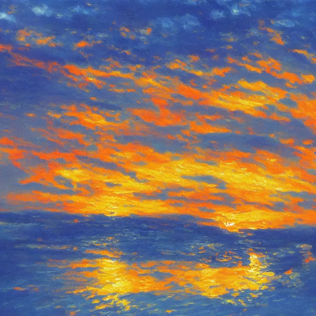 Prompt: an impasto oil painting of a stunning sunset painted by ken hong leung, blue color scheme, golden ratio