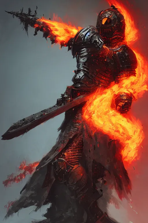 Prompt: a full body character design of an undead knight, flaming, burnt armor, flaming sword dark, high detail, gritty texture, Artstation, Ruan Jia, Craig Mullins