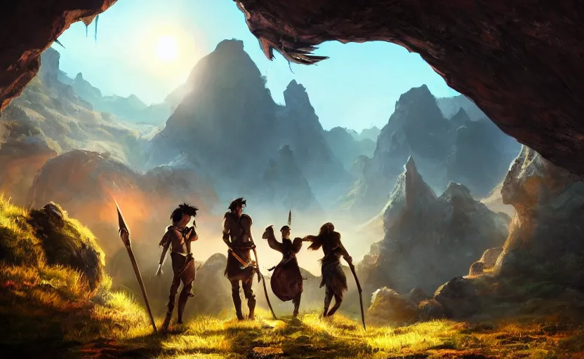 Prompt: adventurers in front of a dark cave, sunny, fantasy art, epic, 4 k