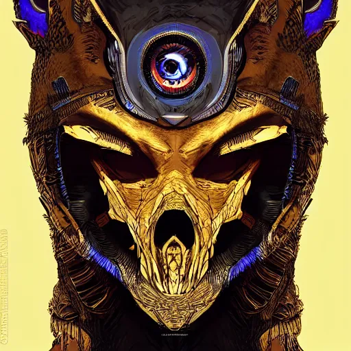 Image similar to a golden jackal skull face african warrior, Apex Legends character digital illustration portrait design, by android jones, detailed, cinematic lighting, wide angle action dynamic portrait