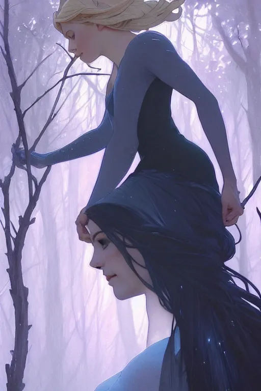 Prompt: elsa relaxing a tree, black dress, low light, foggy at dawn, sunlight visible through tree leaves, misty, magic, atmospheric art by artgerm and greg rutkowski and alphonse mucha and by artgerm, by studio muti, greg rutkowski makoto shinkai takashi takeuchi,