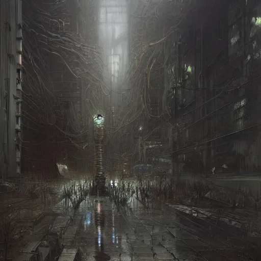 Image similar to lost and alone in a cyberpunk noir city by gustave dore and gustave moreau and beksinski and giger and craig mullins and jeremy mann