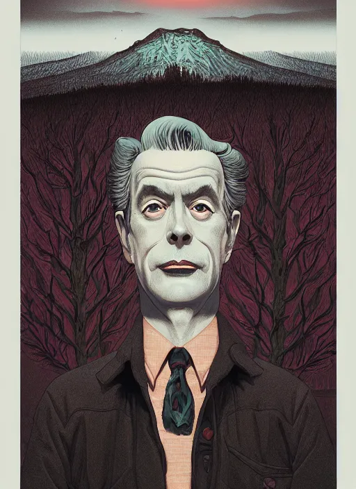 Prompt: Twin Peaks poster artwork by Michael Whelan and Tomer Hanuka, Rendering of Tim Burton from scene from Twin Peaks, full of details, by Makoto Shinkai and thomas kinkade, Matte painting, trending on artstation and unreal engine
