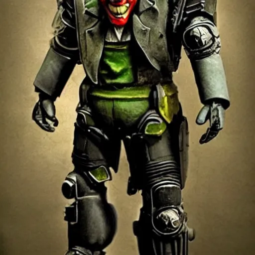 Image similar to the joker wearing power armor, fallout 3, very detailed, very intricate,