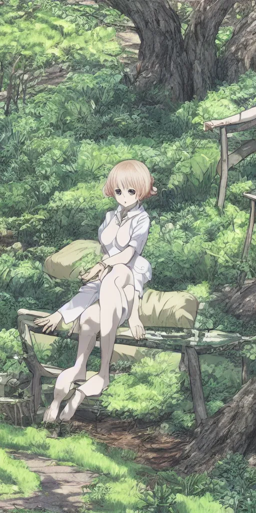 Prompt: landscape shot of a single queen sitting by herself on a sofa in a forest, drawn by CloverWorks, elegant, beauty,