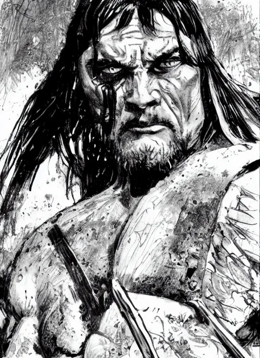 Prompt: An ultra-detailed ,hyperrealistic, face-centered portrait of Conan the barbarian in battling skeleton warriors, by John Buscema , Frank Frazetta and Bill Sienkiewicz, trending on marvel, trending on artstation