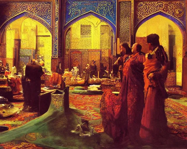 Prompt: an oil painting in the style of orientalism of dragons on display in a dragon auction in the grand bazaar of isfahan by edwin lord weeks, trending on artstation