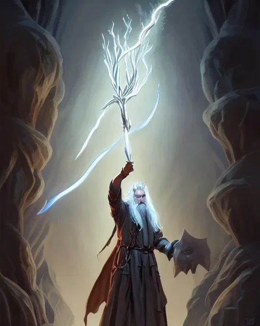 Image similar to Gandalf the grey casting a lightning fork spell, crimson led, glowing, D&D, fantasy, intricate, elegant, highly detailed, digital painting, artstation, concept art, matte, sharp focus, illustration, hearthstone, art by Artgerm and Greg Rutkowski and Alphonse Mucha