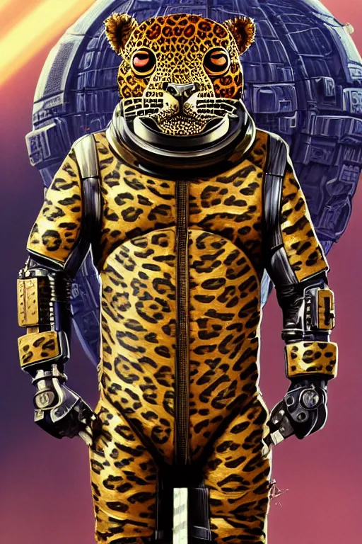 Prompt: a portrait of a muscular anthropomorphic cyberpunk leopard lizard with big head in spacesuit armor with ensignia on chest plate by sandra chevrier, by jon foster, detailed render, pistol in holster, tape deck, epic composition, cybernetics, 4 k realistic, cryengine, realistic shaded lighting, sharp focus, masterpiece, by enki bilal