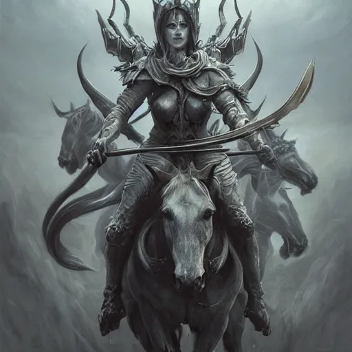 Image similar to concept art by artgerm, death of the four horsemen of the apocalypse, soft grey and blue natural light, intricate, queen of death riding, highly detailed dark art, digital painting, artstation, concept art, smooth, sharp focus, illustration, art by greg rutkowski and luis rollo and uang guangjian and gil elvgren, symmetry!