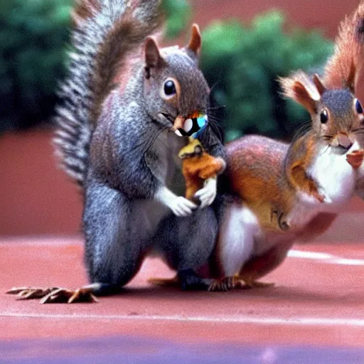 Image similar to a realistic squirrel wrestling at 1 9 8 0 s wrestlemania movie still