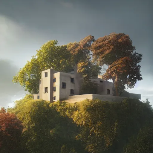 Image similar to beige house with walled in garden, on a hill surrounded by big trees, dramatic lighting, artstation, matte painting, raphael lacoste, simon stalenhag, frank lloyd wright, drone view