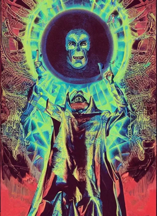 Image similar to a still from an occult movie by alejandro jodorowsky and kenneth anger, close - up, montage : : graphic poster by moebius