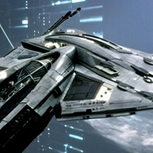 Image similar to A still of Harrison Ford in the new Battlestar Galactica (2003), piloting a colonial viper spacecraft, front-view