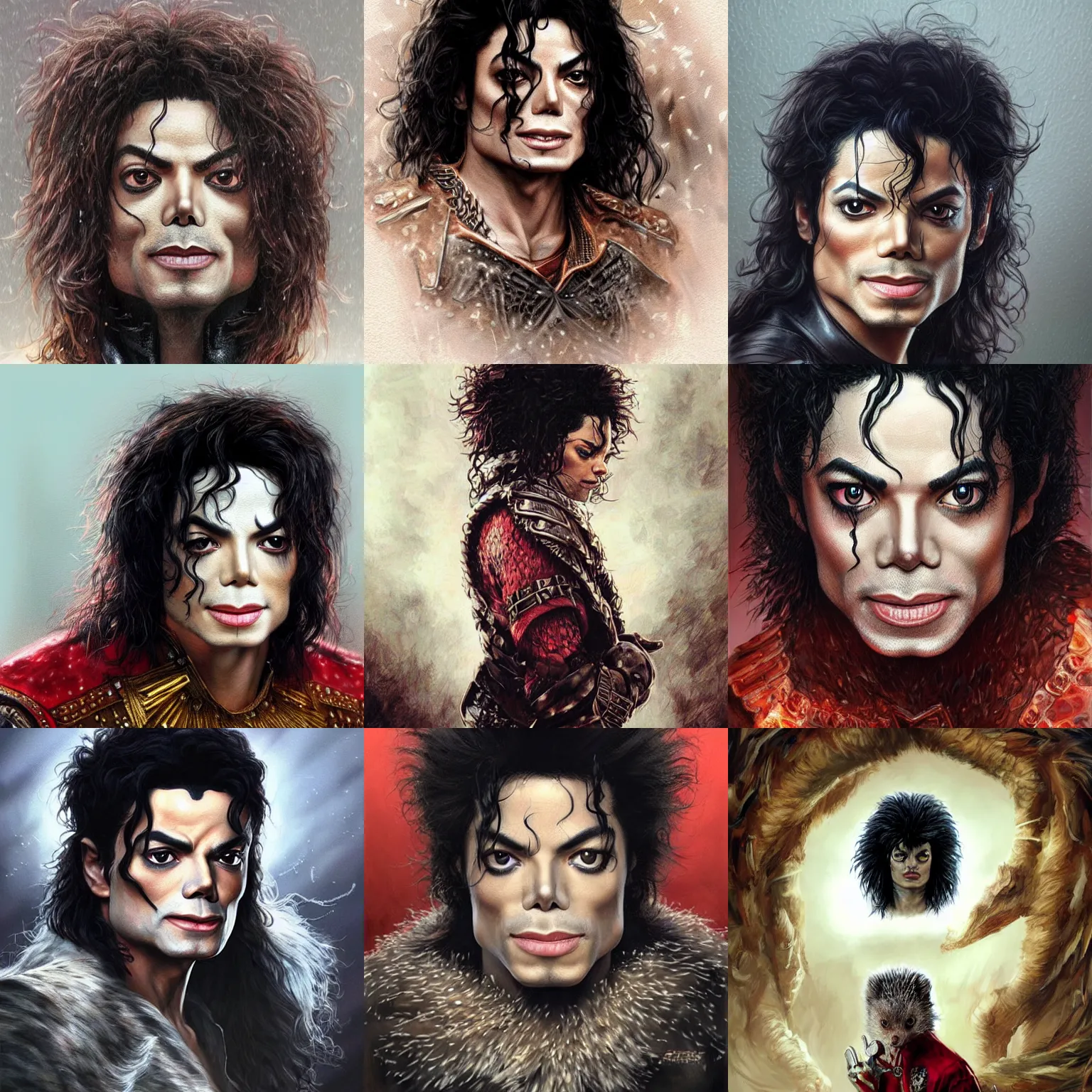 Prompt: michael jackson hedgehog! very close portrait of angry rugged barbarian, muscular, upper body, 👅 👅 , D&D, fantasy, intricate, elegant, highly detailed, digital painting, artstation, concept art, smooth, sharp focus, illustration, art by artgerm and greg rutkowski and alphonse mucha