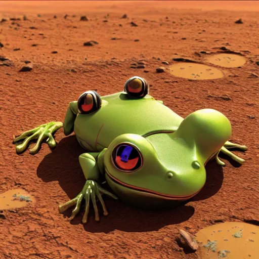 Prompt: a robotic frog resting on mars, soft surface texture, very realistic 3 d render, soft sun lights, 4 k, high detailed photography result, 5 0 mm lens, rich deep colors, smooth gradients, depth of field, cinematic, hyper realism, high detail, octane render, unreal engine, 8 k, vibrant colors