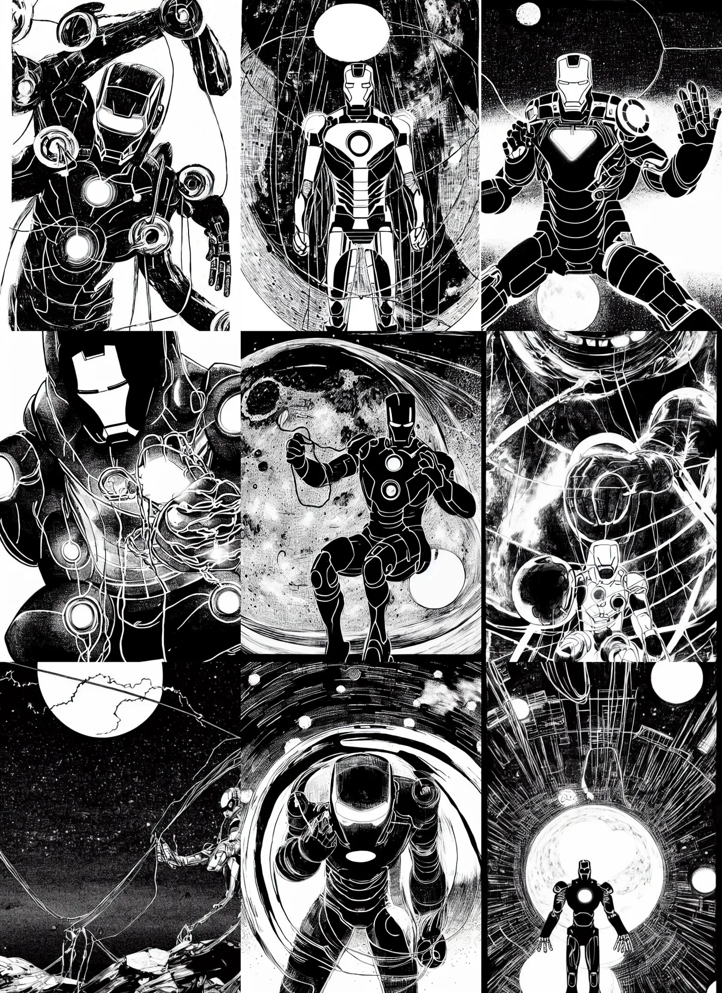 Prompt: black and white sad iron man with wires eats banana on hands on the destroed moon, wires earth background, by tsutomu nihei