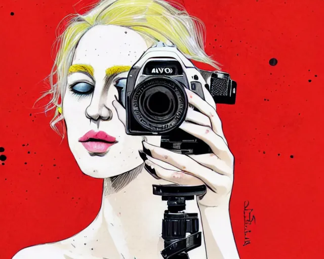 Image similar to pale young woman with bright blonde hair, freckles, gray eyes and a wide face, flowery dress, she is holding a professional dslr camera close to her face with one hand, dramatic lighting, bright flare, expressive, surrealist art by conrad roset