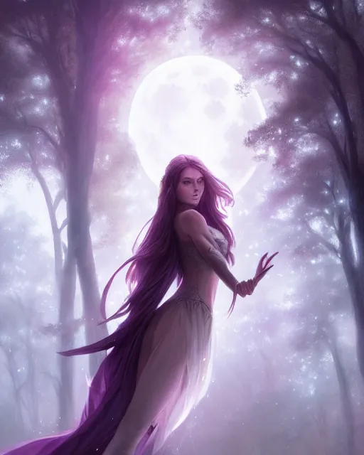 Image similar to attractive fairy goddness fly high in the night, d & d, fantasy, mist, full moon in background, trees, hyper detailed, art by artgerm and greg rutkowski and magali villeneuve, midium shot, 8 k realistic, cryengine, digital painting, trending on artstation, concept art, sharp focus, illustration,