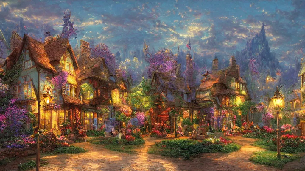 Prompt: an old enchanted fantasy town, by jean - baptist monge and ( ( thomas kinkade ) ),