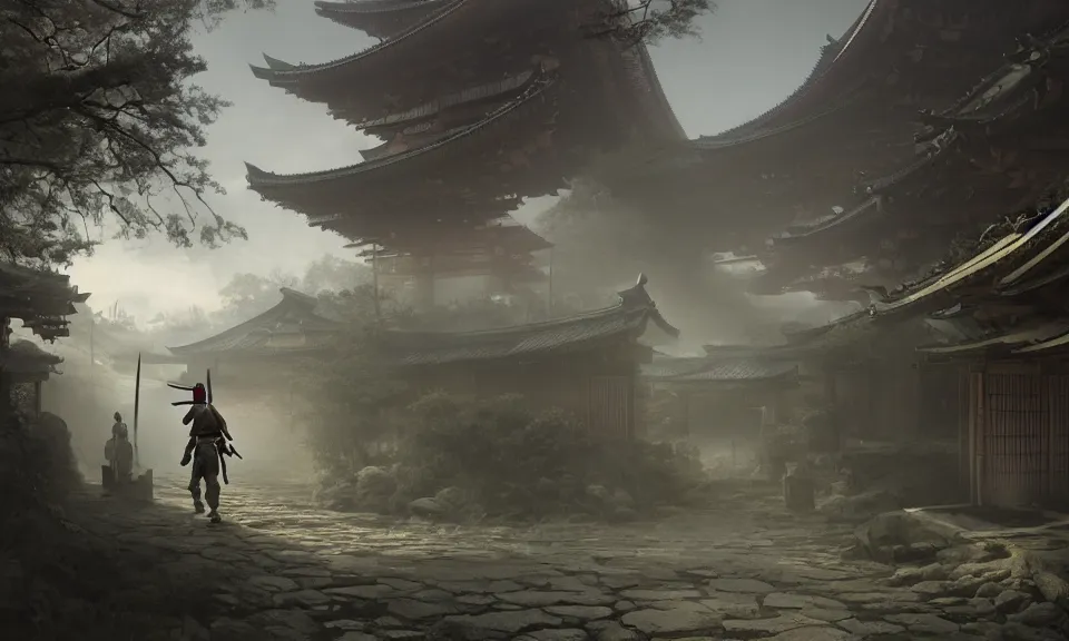 Prompt: Futuristic matte painting of a samurai warrior walking through an abandoned japanese village, volumetric light scattering, highly detailed, digital art, Andreas Rocha, Greg Rutkowski, Darek Zabrocki, ArtStation, CGSociety, Unreal Engine, 4K, 8K