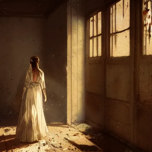 Image similar to A woman in a wedding dress in a dilapidated room, long shadow, dark room, vintage shading, warm colors, by Greg Rutkowski, artstation