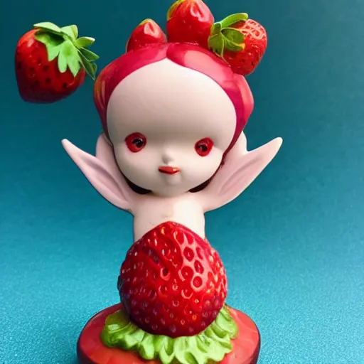 Prompt: a femo figurine of a cute funny strawberry fairy made of strawberry jam