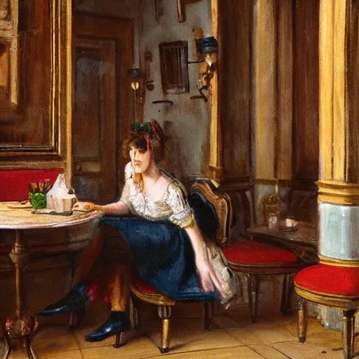 Image similar to a woman reading a book in 1 9 th century caffe. realistic, highly detailed, full of colors, 4 k