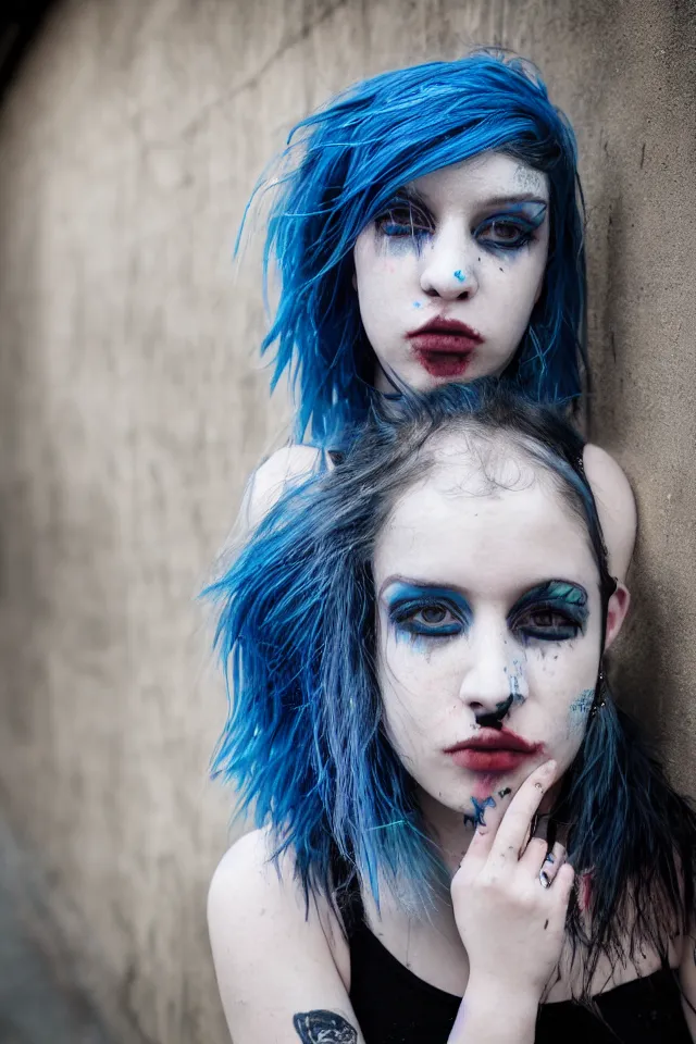 Image similar to a portrait of a grunge emo girl who has blue hair, a nose ring, black nails, fish net leggings, and is outside of a abandoned building with graffiti on it. Shallow depth of field. 4k hyperdetailed. Rendered with octane.