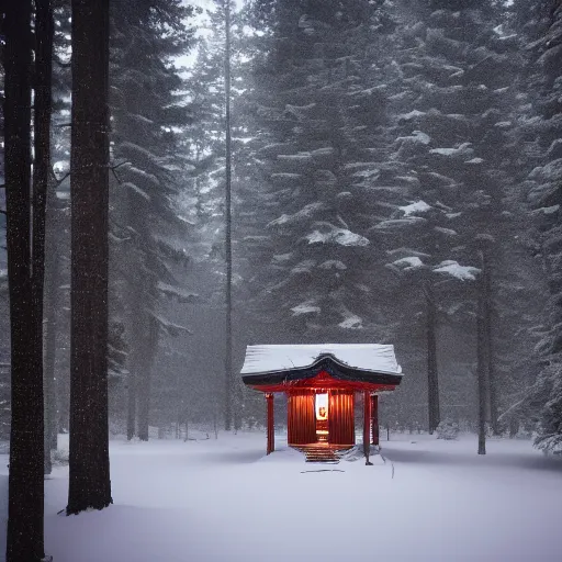 Prompt: a lonely shrine in a snowy forest at night, dim lighting from torches, 8 k award - winning photography