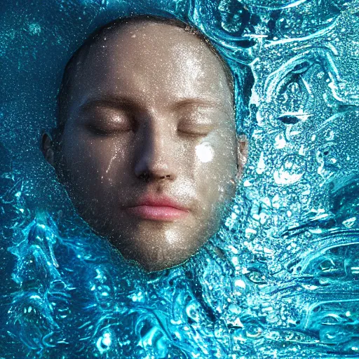 Image similar to water artwork manipulation in the shape of a human head stuffed in a bottle, on the ocean water, futuristic, glowing, gradient, hyper realistic, ray tracing, realistic water, sharp focus, long shot, 8 k resolution, cinematic, photoshop water art