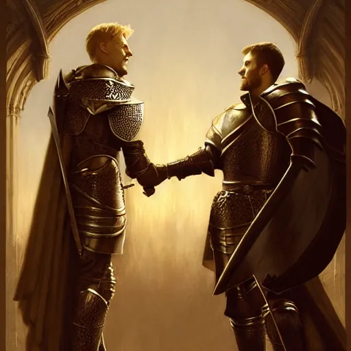 Image similar to attractive arthur pendragon and his favourite attractive male knight, they are in love, camelot, natural lighting, path traced, highly detailed, high quality, digital painting, by gaston bussiere, craig mullins, j. c. leyendecker