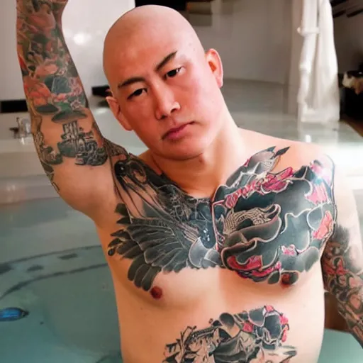 Monroe with shaved head, with yakuza Japanese full