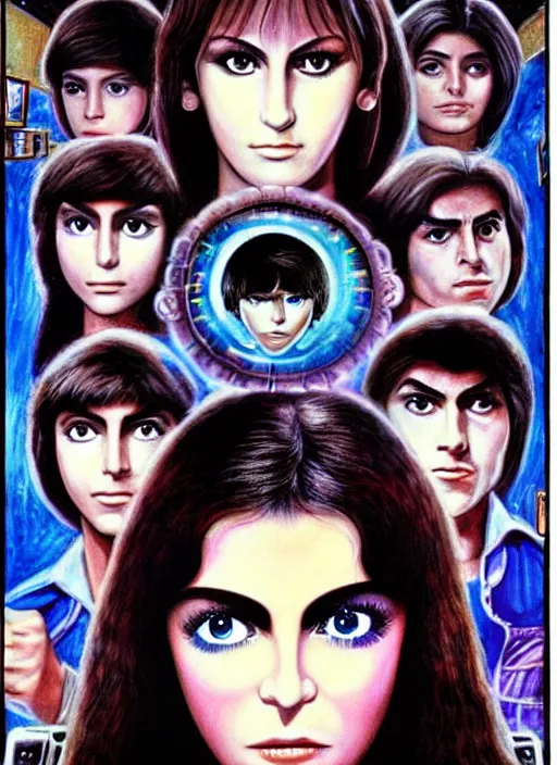 Prompt: NES video game screen depiction of a film still from a 1971 an Italian youth film of a slender young rich Mexican telenovela actress with bipolar disorder looking at the camera from across multiple alternating mirrors while in a swirling alternate reality. dark shadows under her tired eyes. soft detailed painting at 16K resolution and amazingly epic visuals. epically beautiful image. amazing effect, image looks gorgeously crisp as far as it's visual fidelity goes, absolutely outstanding. vivid clarity. ultra detail. iridescent. mind-breaking. mega-beautiful pencil shadowing. beautiful face. Ultra High Definition. soft shading. soft texture. intensely beautiful.