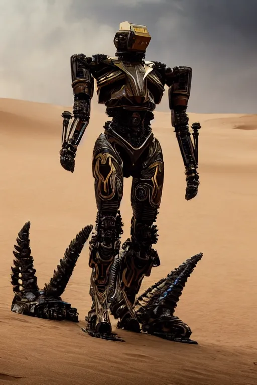 Image similar to cinematic still in dune movie and pacific rim movie and ps 5 game machine warrior 5, intricate ornate humanoid mecha warrior,