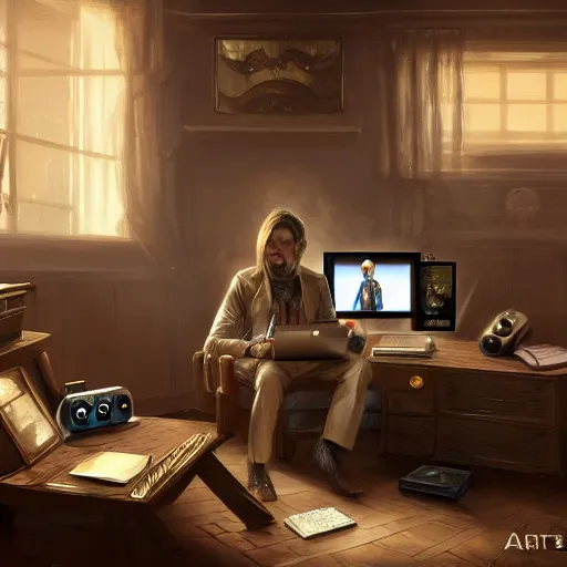 Prompt: realistic rich man using laptop in gaming room, artstation trends, future concept art, highly detailed, intricate, sharp focus, digital art, 8 k